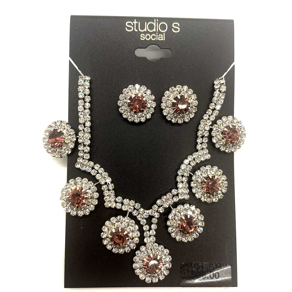 Necklace & Earrings Set Rhinestone Violet Stones Fashion Costume Jewelry